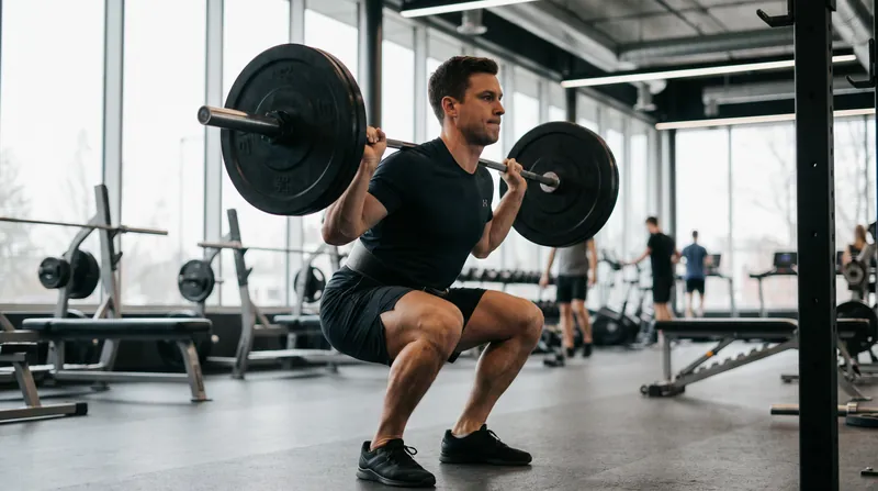 A person performing a heavy barbell squat in a gym, demonstrating high-intensity resistance training.
