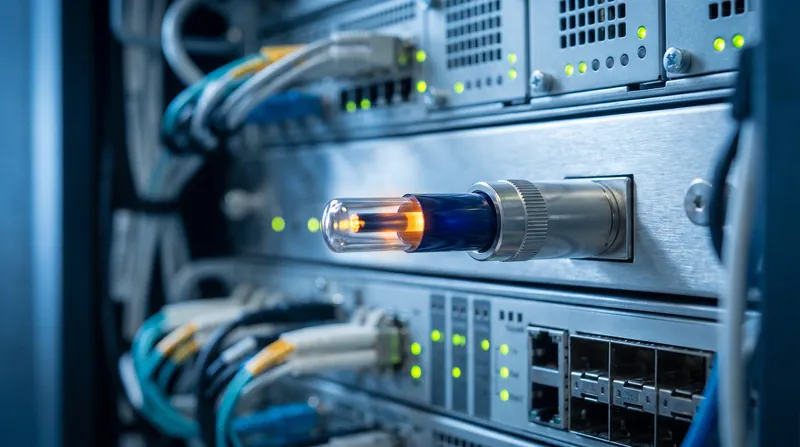 Close-up of a glowing fiber optic cable plugged into a dense network server rack.