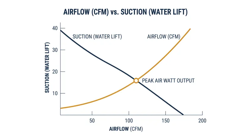 Maximum Air Watts are produced at the optimal balance of airflow and suction.