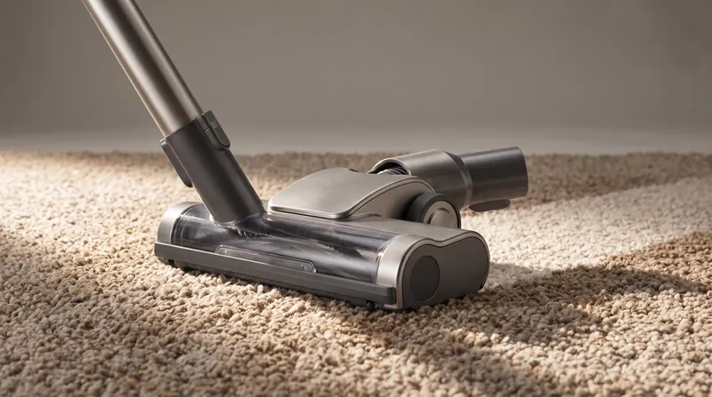 A modern vacuum cleaner nozzle resting on a dense textured carpet under dramatic lighting.