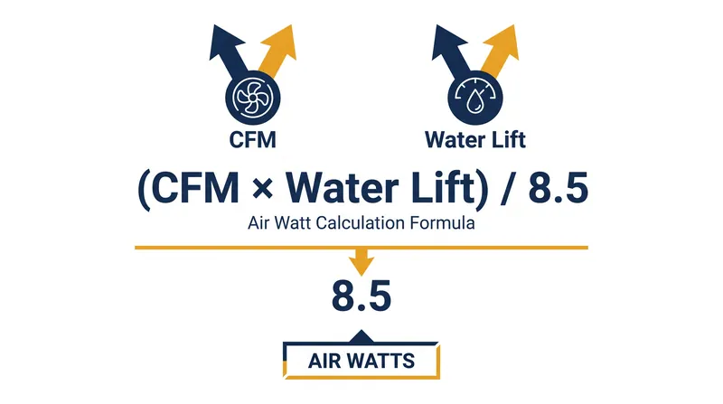 The ASTM F558 standard calculates Air Watts by multiplying airflow and static suction.