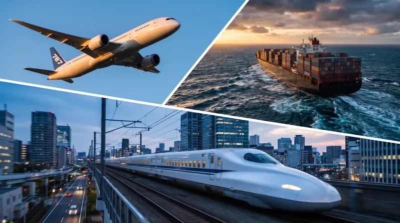 A split-screen view showing a commercial airliner in flight, a cargo ship on the ocean, and an electric train on tracks.
