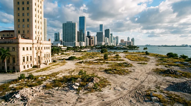 A wide view of a vacant waterfront lot in downtown Miami next to the Freedom Tower.