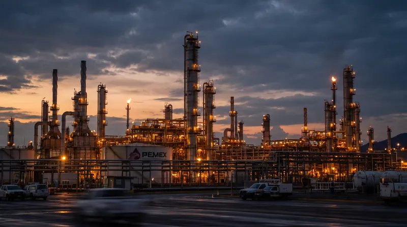 A large industrial PEMEX oil refinery complex in Mexico featuring distillation towers and pipelines.
