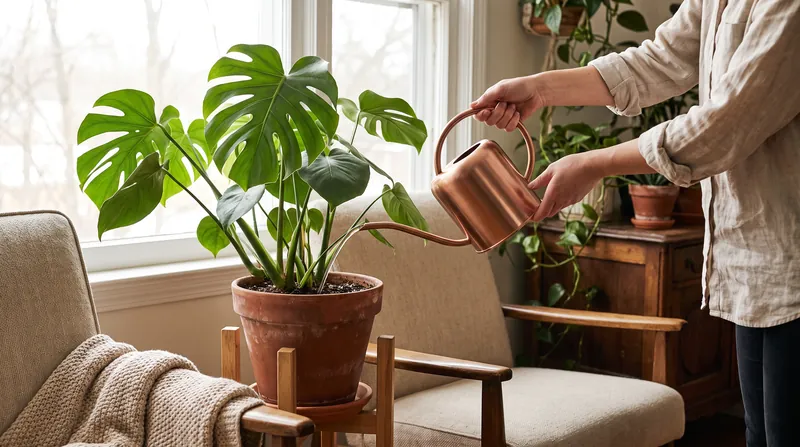A person's hands holding a metal watering can, pouring water into a potted green Monstera plant indoors.