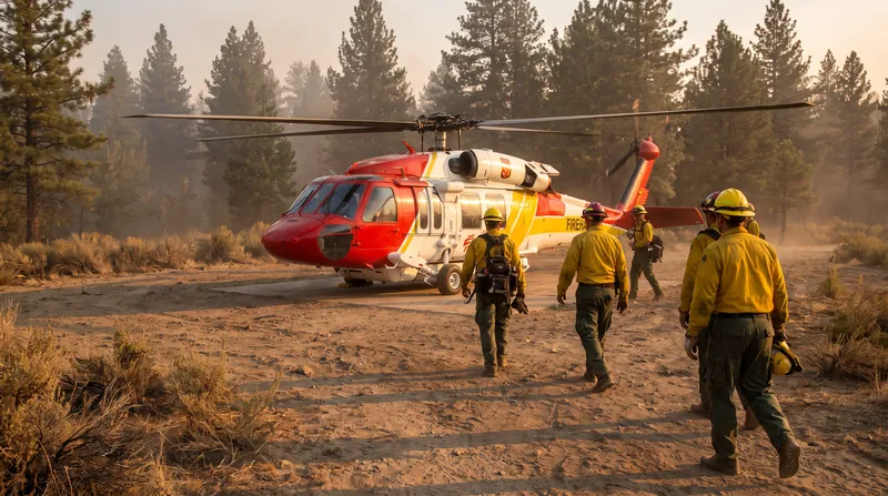 Wildland firefighters walking toward a modern firefighting helicopter parked on a dirt helipad near a forest.
