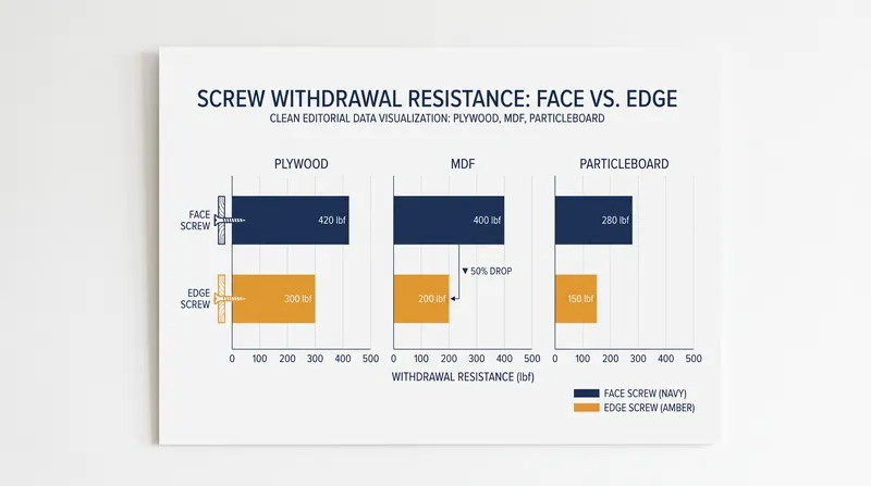 While MDF holds screws well on its face, its edge strength drops significantly due to a less dense core.
