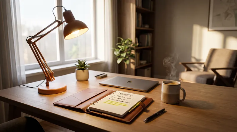 A clean, organized wooden desk with a glowing lamp, open notebook, and a cup of coffee.