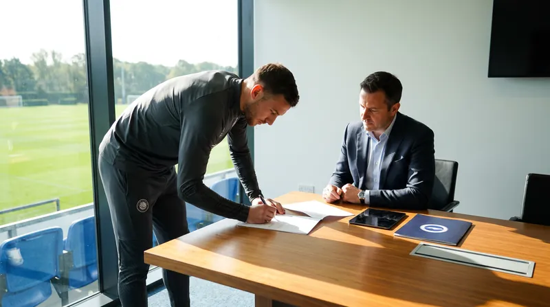 A professional soccer player sits at a modern desk signing a contract alongside a club executive.