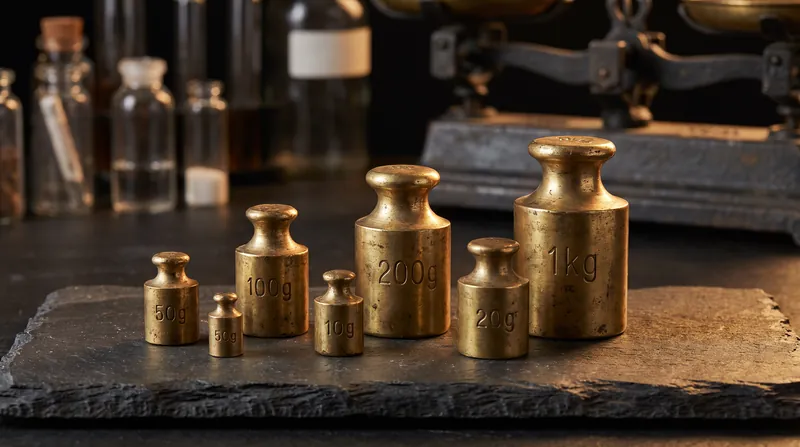 Antique brass balancing scale weights resting on a dark slate surface under dramatic studio lighting.