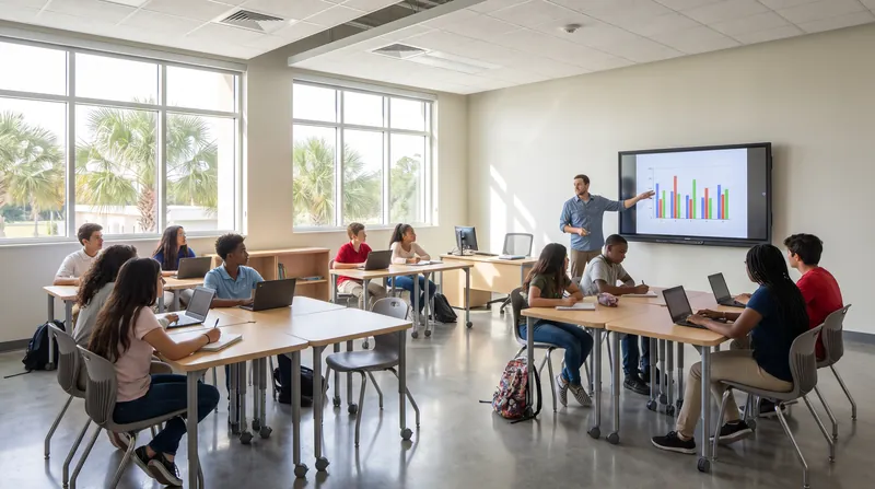 A Florida public school classroom where a teacher instructs students using a digital smartboard.
