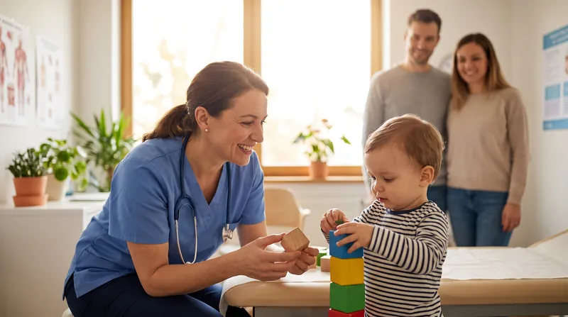 A pediatrician smiles while interacting with a toddler playing with wooden blocks on an examination table.
