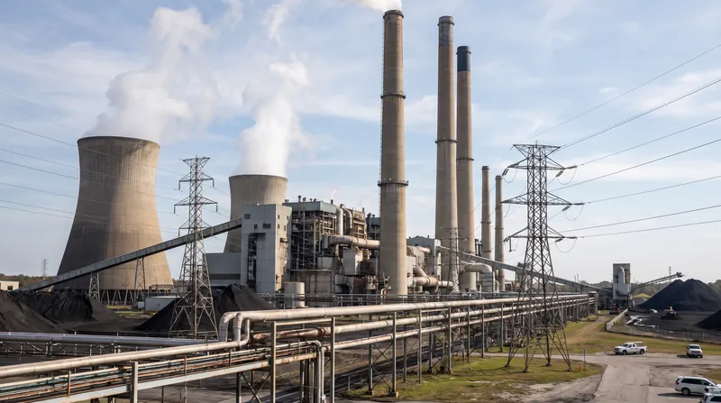 Exterior view of a large coal-fired power plant with cooling towers and smokestacks against a clear sky.