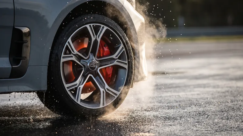 Close-up of a car wheel and brake caliper during heavy braking on a wet track.