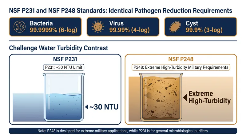 Both standards require identical pathogen reduction, but P248 tests devices in significantly harsher water conditions.