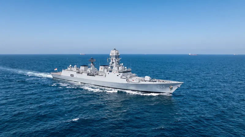 An Indian Navy warship cuts through the waters of the Arabian Sea under a clear sky.