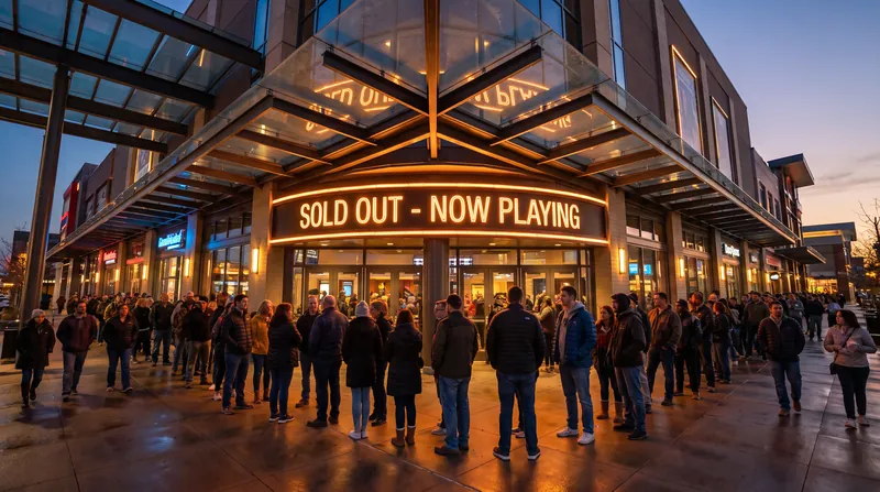 A brightly lit movie theater marquee displaying sold out signs above a crowded entrance at dusk.