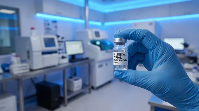 A gloved medical researcher holding a small glass vial of clear liquid in a modern laboratory.