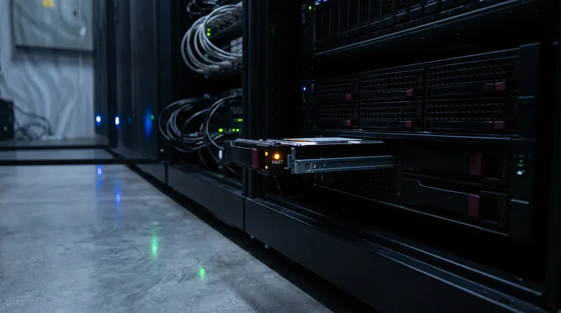 A server rack in a data center with one hard drive bay showing an amber fault light.