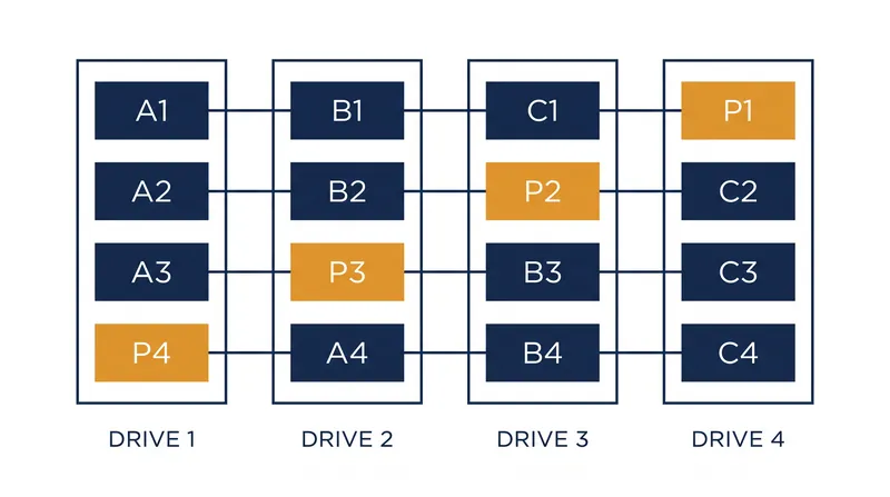 RAID 5 distributes parity blocks evenly across all drives to prevent a single disk from becoming a write bottleneck.