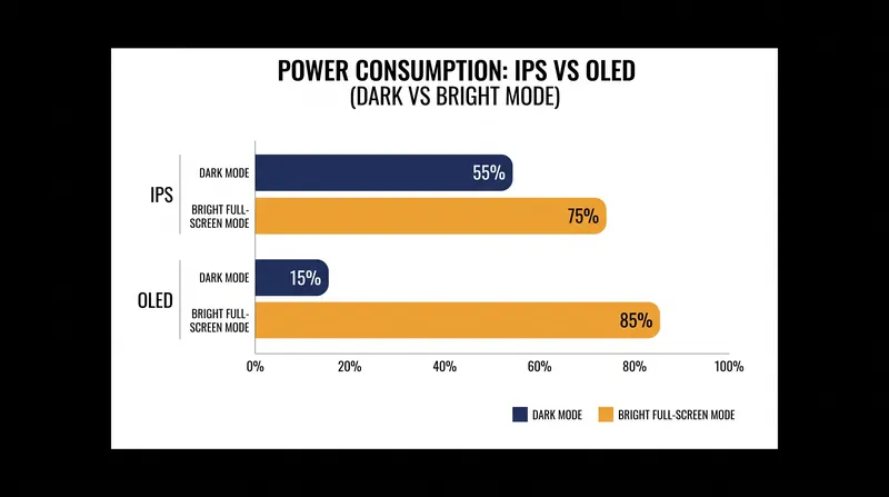 OLED saves power in dark mode but draws heavily on bright, full-screen applications.