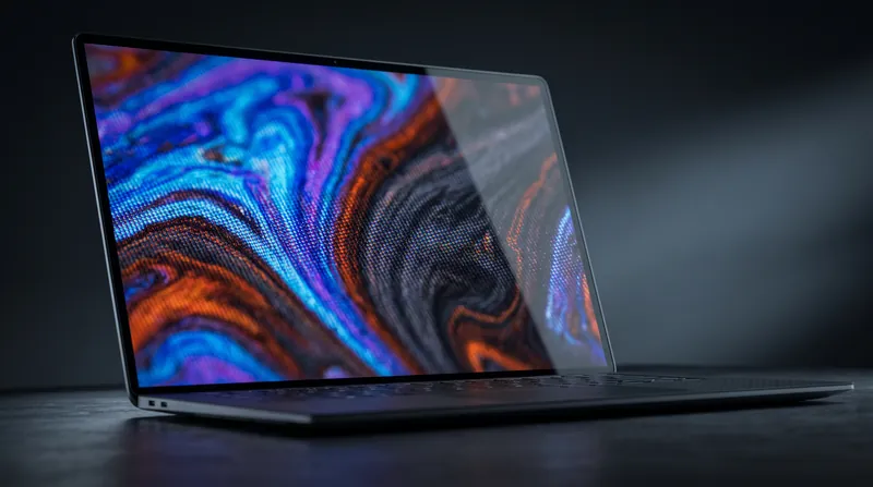 A sleek modern laptop open on a desk, displaying a vibrant and colorful image on its screen.