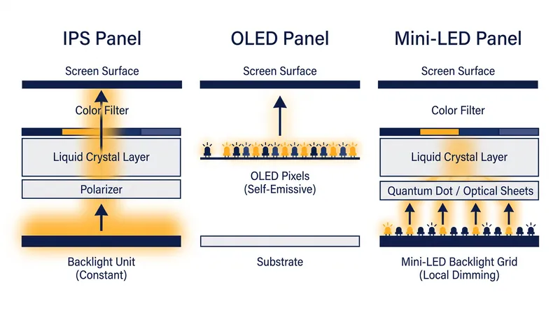 How IPS, OLED, and Mini-LED panels generate light.