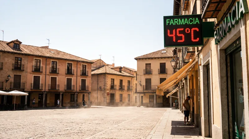 A digital pharmacy thermometer in a Spanish town square displaying 45 degrees Celsius amid heat haze.