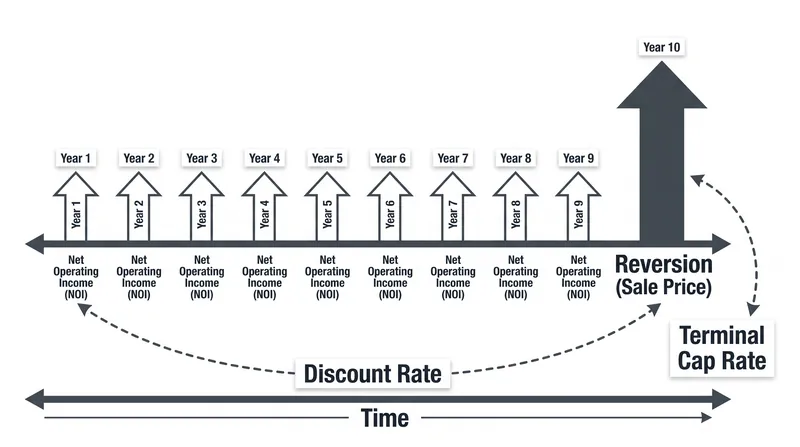 The DCF model relies on annual operating income and a final lump-sum sale, known as the reversion.