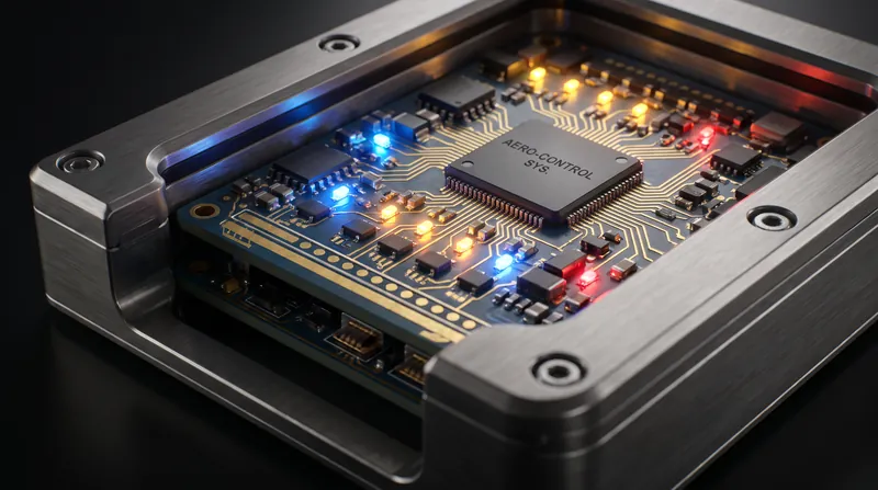 Close-up of a complex electronic circuit board with glowing components representing control systems.