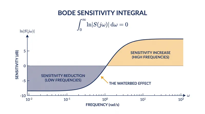 The 'waterbed effect' demonstrates how suppressing sensitivity in one frequency range forces an amplification in another.