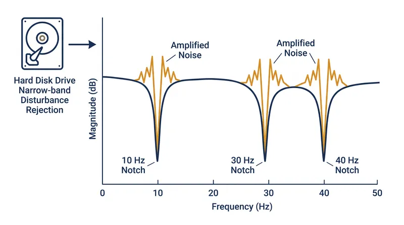 Attempting to suppress multiple narrow frequency bands simultaneously creates a chaotic waterbed effect with severe penalty spikes.