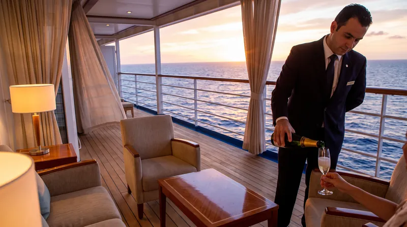 A butler pours champagne on a private luxury cruise ship suite terrace overlooking the ocean.