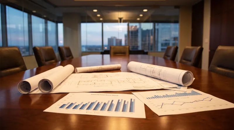 A modern corporate boardroom table covered with architectural blueprints and financial charts under cinematic lighting.