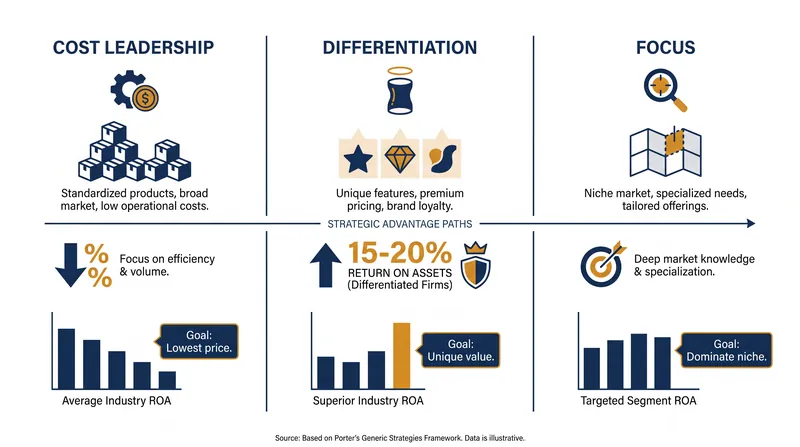 Porter's generic strategies force a choice between broad market appeal and niche focus, and between cost efficiency and unique value.