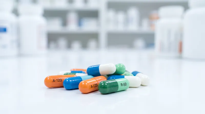 Close-up view of various colorful prescription medication capsules resting on a clean white surface.