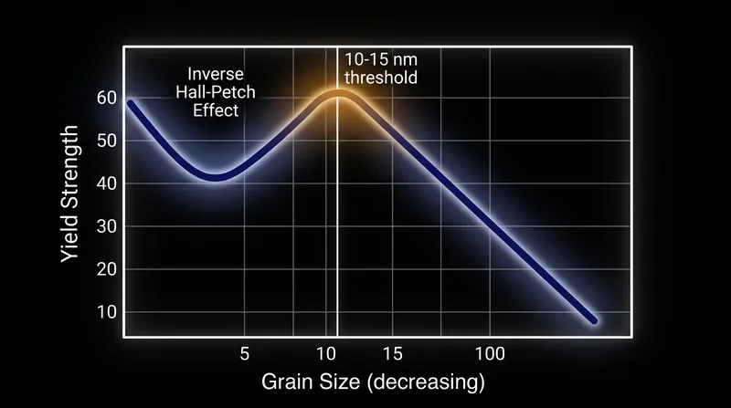 The strengthening effect of grain refinement peaks at roughly 10 to 15 nanometers, below which the material begins to soften.