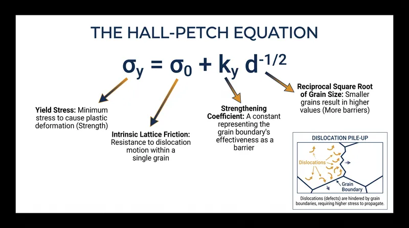 The Hall-Petch equation mathematically links a material's yield strength to the inverse square root of its grain diameter.