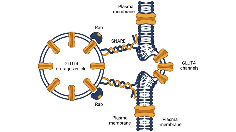 SNARE proteins mediate the final fusion of the GLUT4 storage vesicle with the plasma membrane, exposing the transporters to circulating glucose.