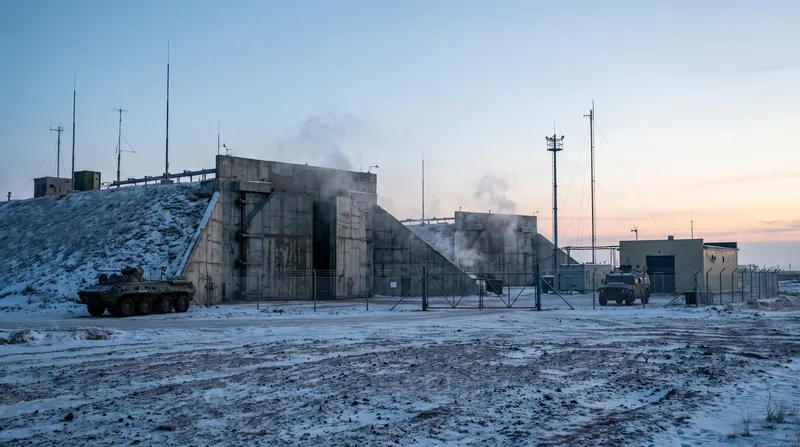 A strategic ballistic missile silo facility at dawn, showing heavy concrete infrastructure and security fencing.