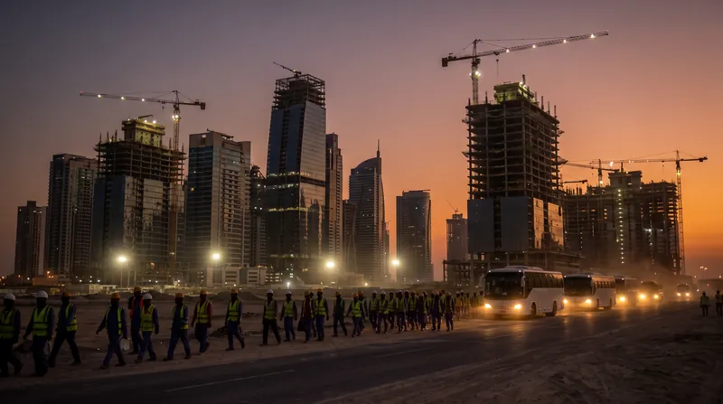 Silhouettes of migrant workers in high-visibility vests walking near a large construction site in a Gulf city at dusk.