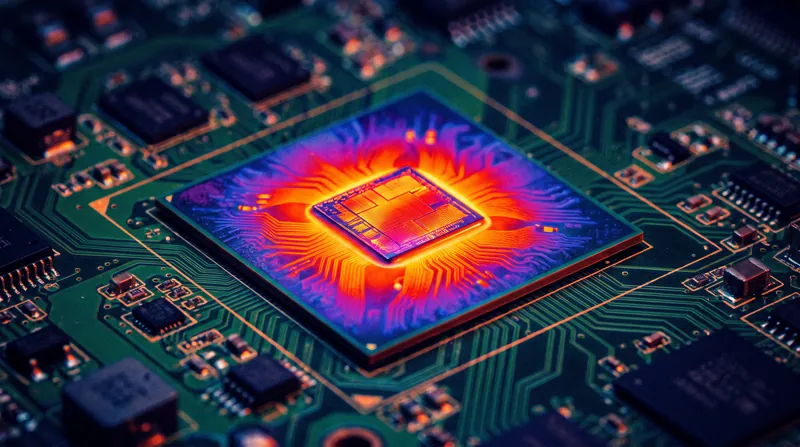 Close-up thermal imaging view of a computer microchip radiating bright orange and red heat.