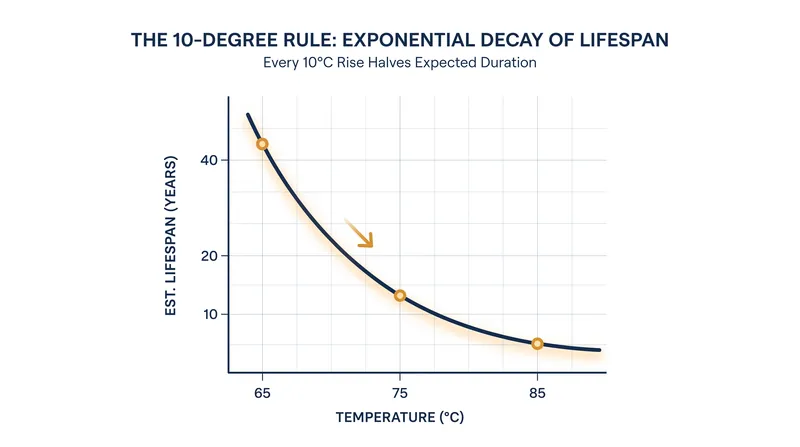 The 10-degree rule models how a linear increase in temperature results in an exponential decrease in component lifespan.