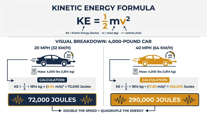 Doubling a vehicle's speed quadruples the kinetic energy it carries.