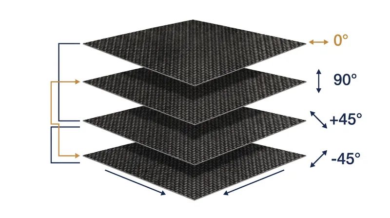 To mimic the uniform strength of metal, engineers stack carbon fiber plies at multiple intersecting angles to create a quasi-isotropic laminate.