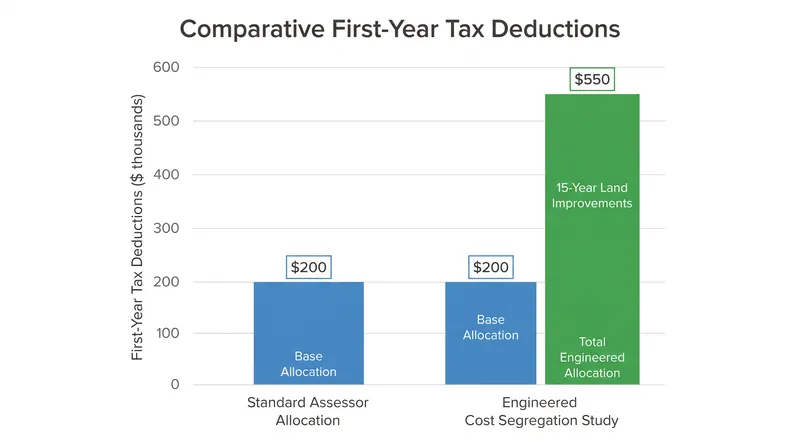Cost segregation studies often yield higher initial deductions by identifying 15-year land improvements.