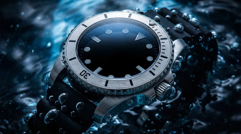 A stainless steel dive watch submerged underwater with dynamic air bubbles rising around the dial.