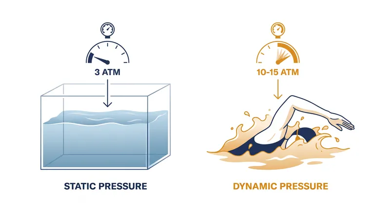The dynamic pressure generated by a swimming stroke easily exceeds the static limits of a 30m or 50m watch.