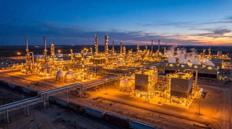 Industrial pipes and towers of a natural gas processing and carbon capture facility illuminated at dusk.