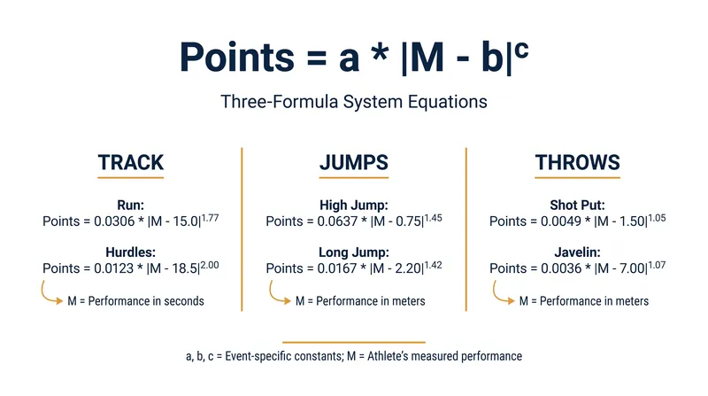 The foundational equation that governs all scoring in the decathlon and heptathlon.